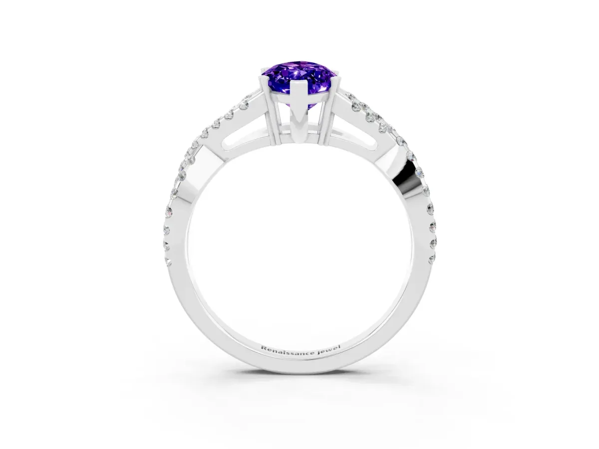 Marquise Cut Tanzanite Solitaire Ring with Four-Prong Setting and Twisted Pavé Band Silver