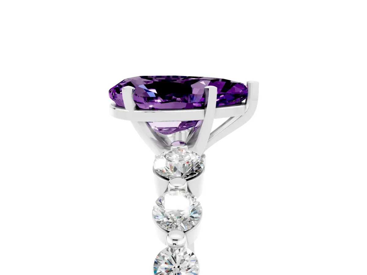 Pear Cut Solitaire Amethyst Ring with Pave Band and Four-Prong Setting Silver