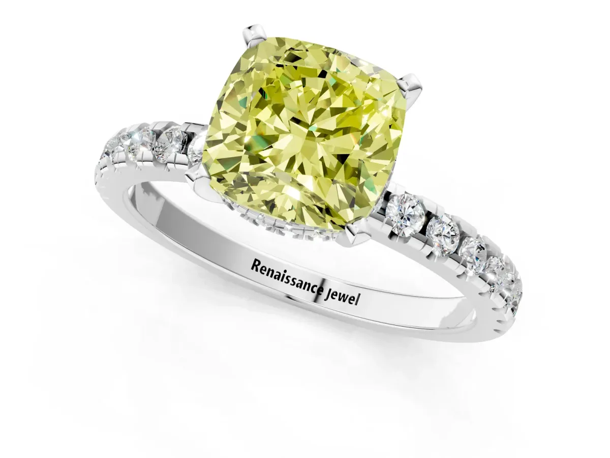 Fancy Yellow Cushion Cut Diamond Solitaire Ring with Round Pavé Band and Four-Prong Setting Silver