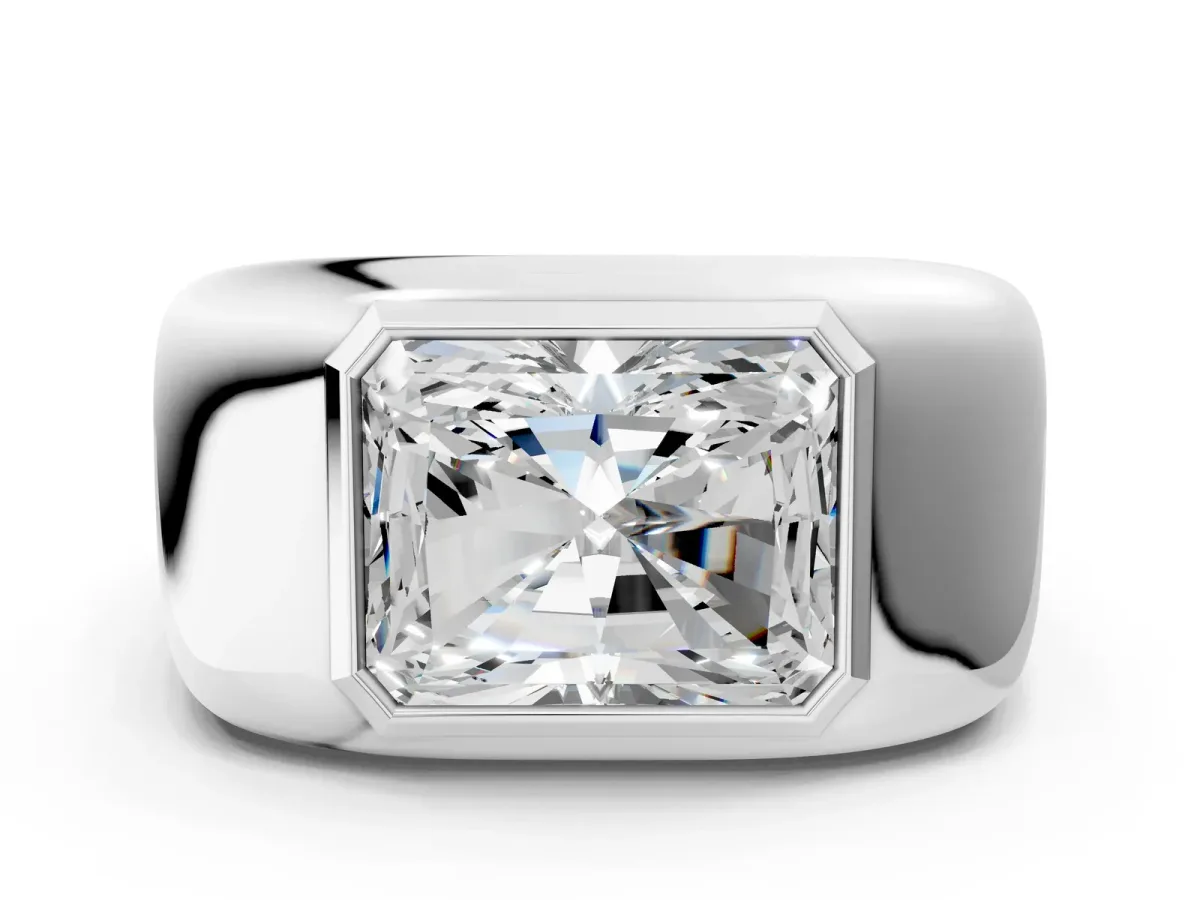 Radiant Diamond Bezel Set Mens Ring Silver