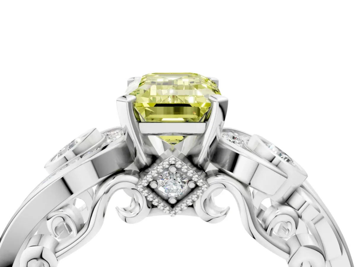 Fancy Yellow Emerald Cut Diamond Solitaire Ring with Milgrain Pavé Band and Four-Prong Setting Silver