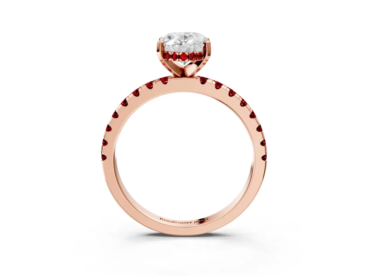 Oval Cut Diamond Solitaire Ring with Round Ruby Pavé Band and Four-Prong Setting Rose gold
