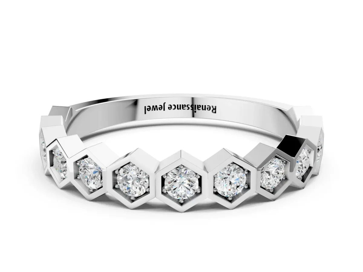 Hexagon Pave Diamond Eternity Band with Bezel Setting White gold