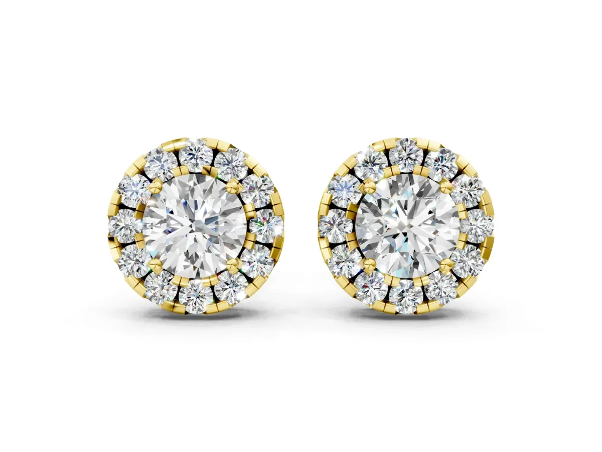 Round Cut Diamond Halo Stud Earrings Yellow gold