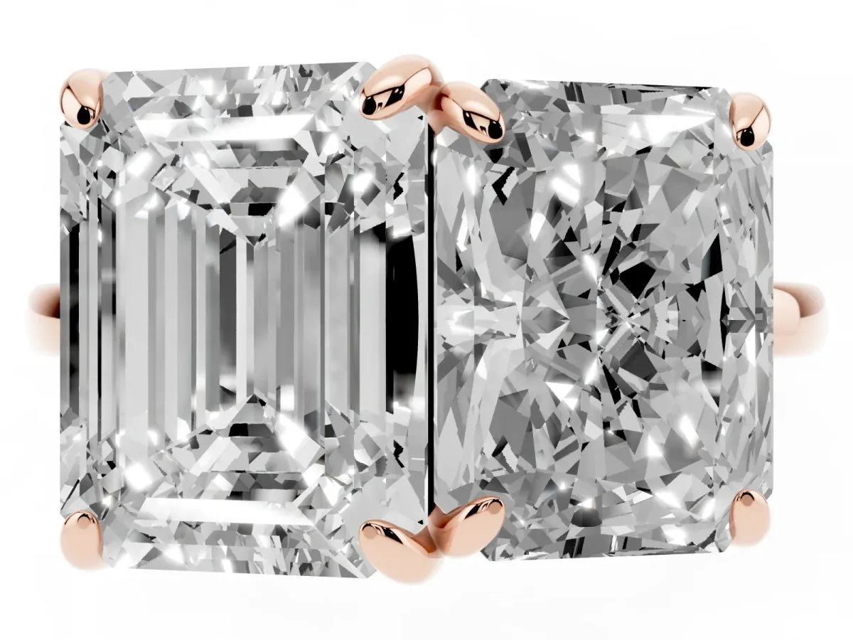 Emerald and Radiant Toi Moi Ring with Prong Setting and Plain Band Rose gold