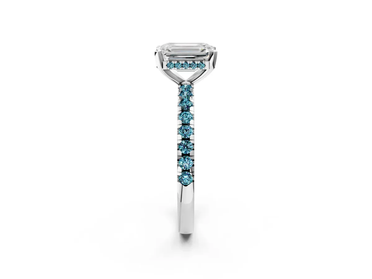 Emerald Cut Diamond Solitaire Ring with Round Blue Topaz Pavé Band and Four-Prong Setting Silver