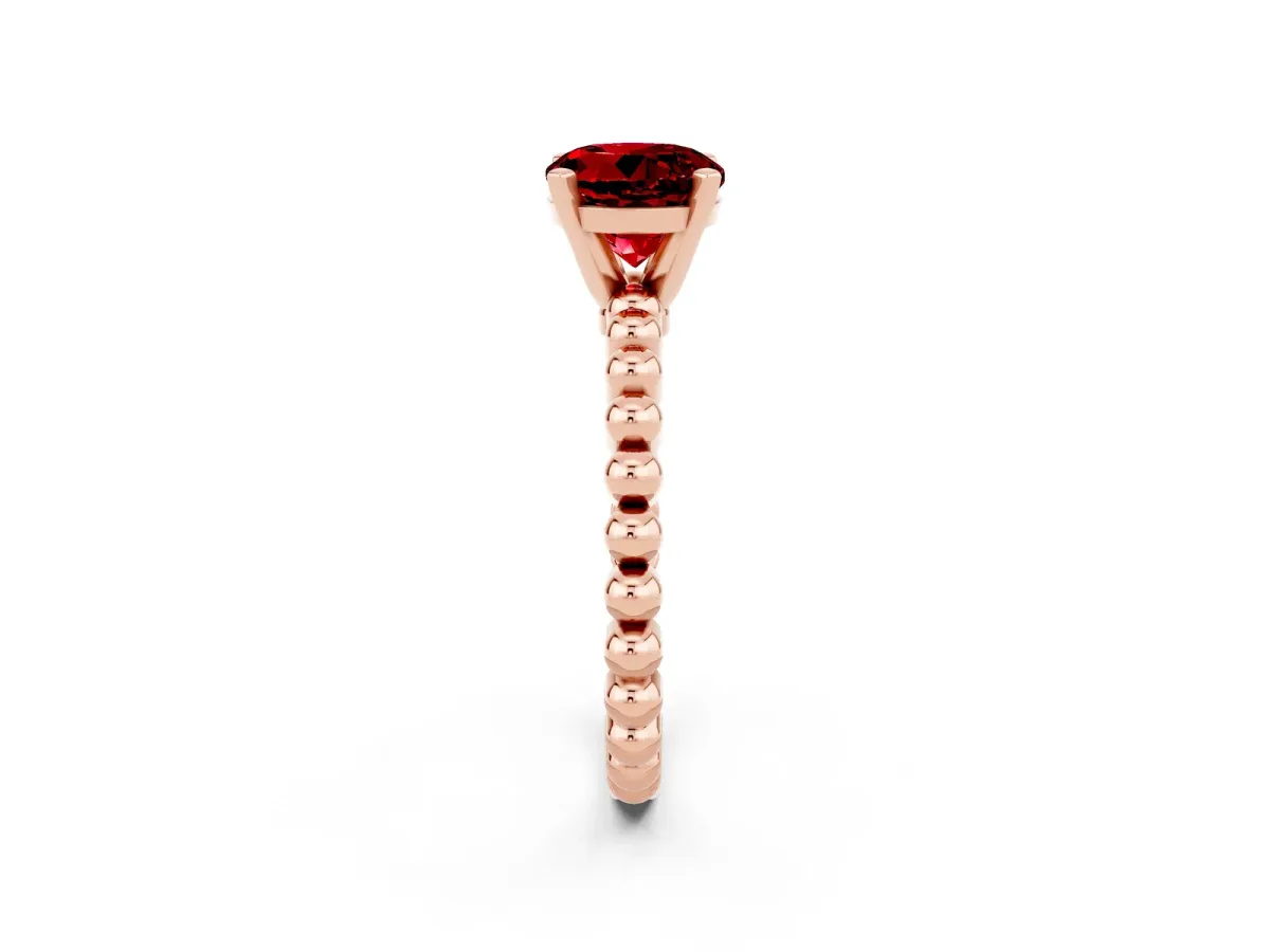 Round Cut Ruby Solitaire Ring with Beaded Band and Prong Setting Rose gold