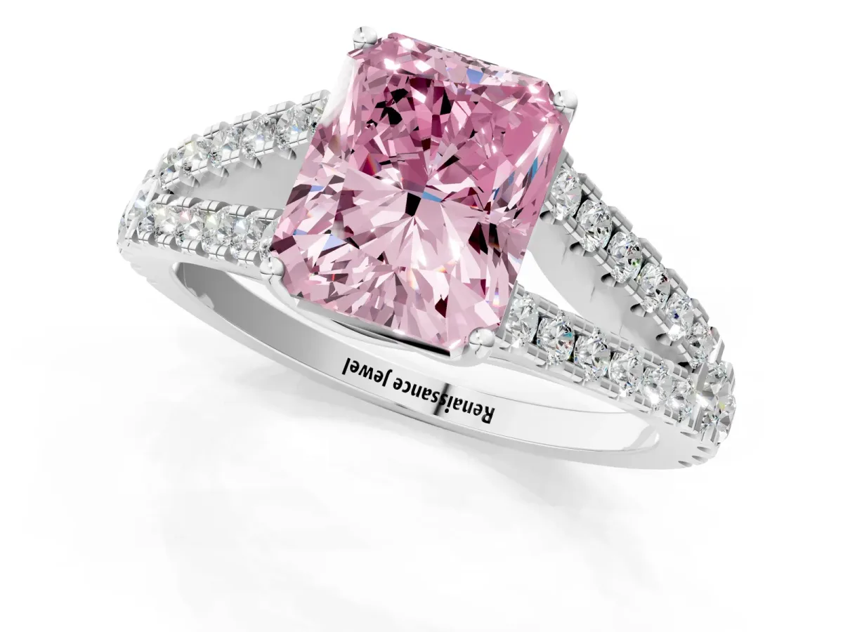 Fancy Pink Radiant Cut Diamond Split Shank Pavé Engagement Ring with Four-Prong Setting White gold