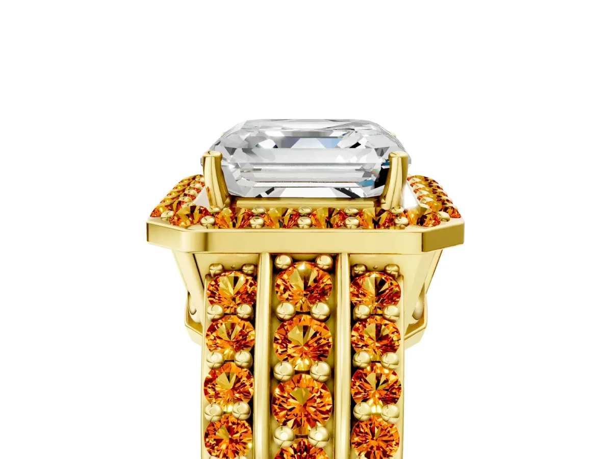 Asscher Cut Halo Diamond Ring with Round Citrine Split Shank and Prong Setting Yellow gold