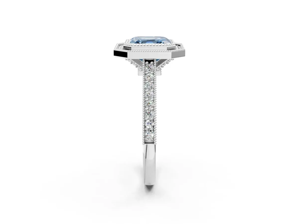 Fancy Blue Halo Asscher Cut-Cut Diamond Pave Band Milgrain Prong Setting Ring Platinum