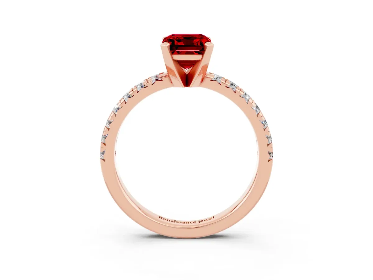Emerald Cut Ruby Solitaire Pavé Engagement Ring with Round Band and Prong Setting Rose gold