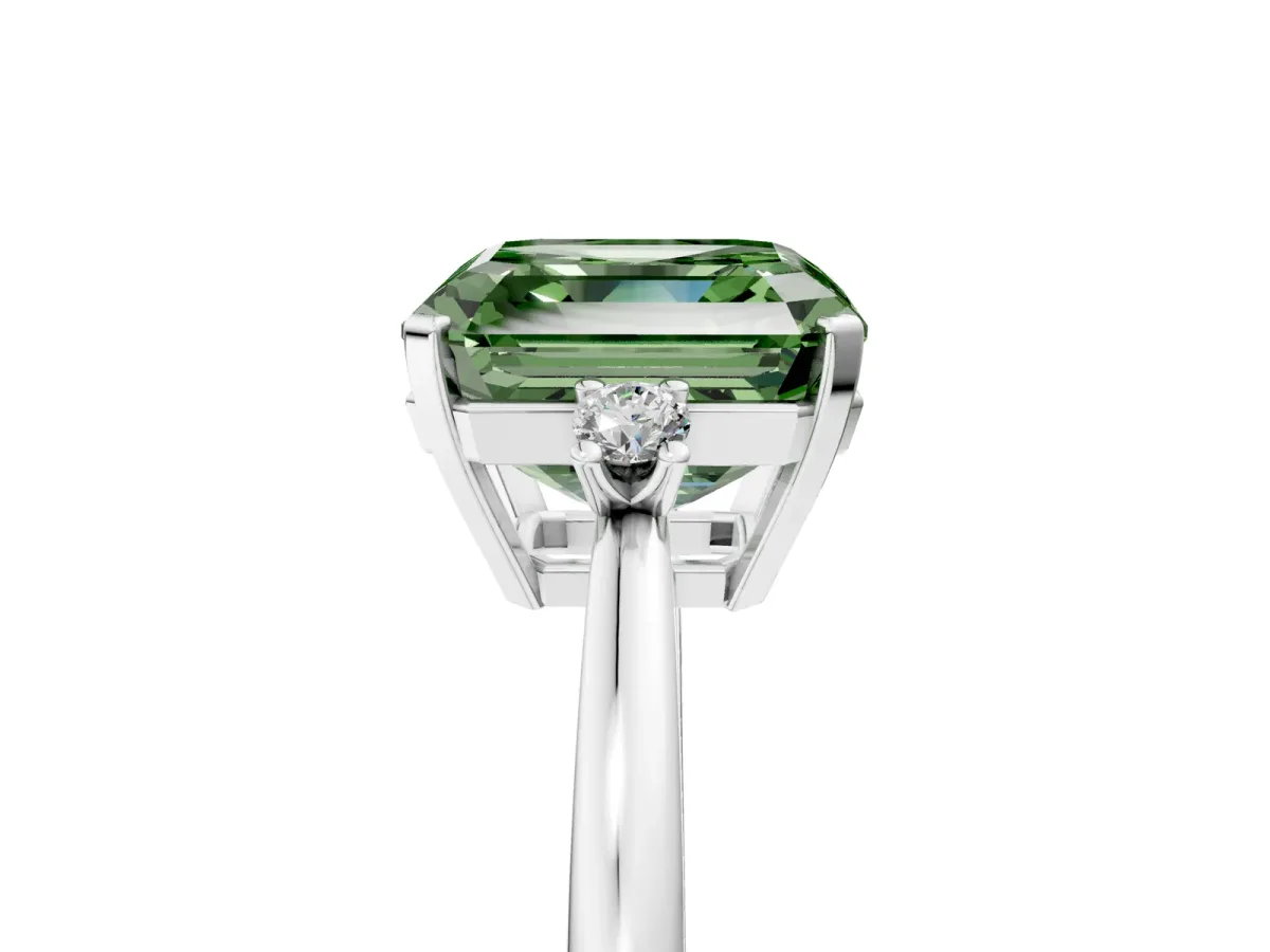 Fancy Green Asscher Cut Cut Three-Stone Solitaire Ring with Round Accent Diamonds and Four-Prong Setting Platinum