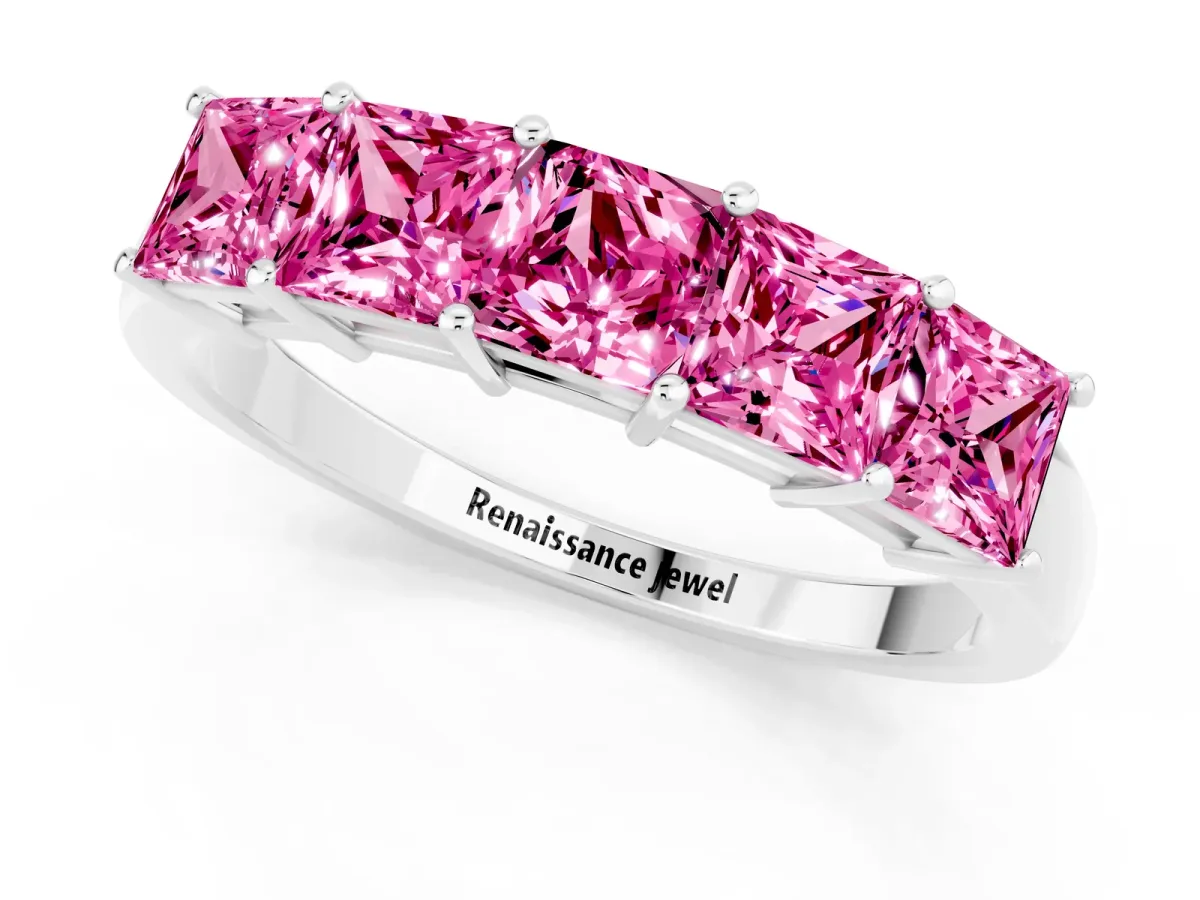 Princess Cut Five-Stone Pink Sapphire Band with Prong Setting Silver