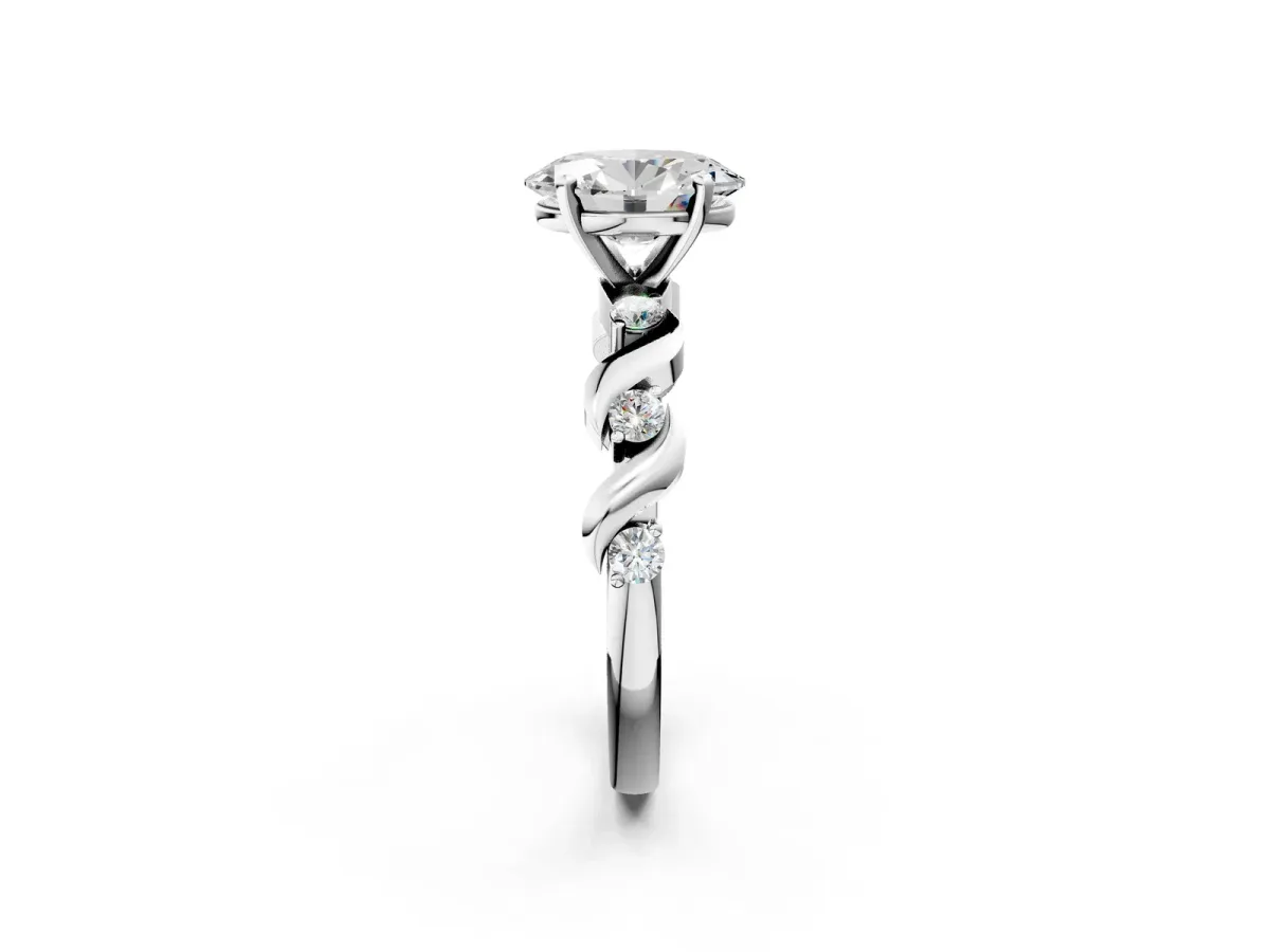 Oval Cut Diamond Solitaire Twisted Band with Round Accents and Prong Setting Silver