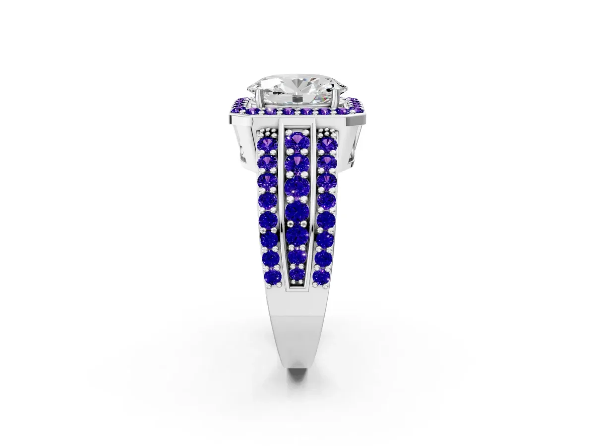 Oval Cut Halo Diamond Ring with Round Tanzanite Split Shank and Prong Setting Silver