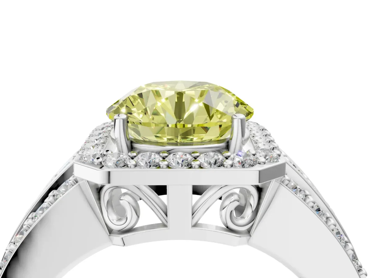 Fancy Yellow Round Cut Halo Diamond Ring with Round Split Shank and Prong Setting Silver