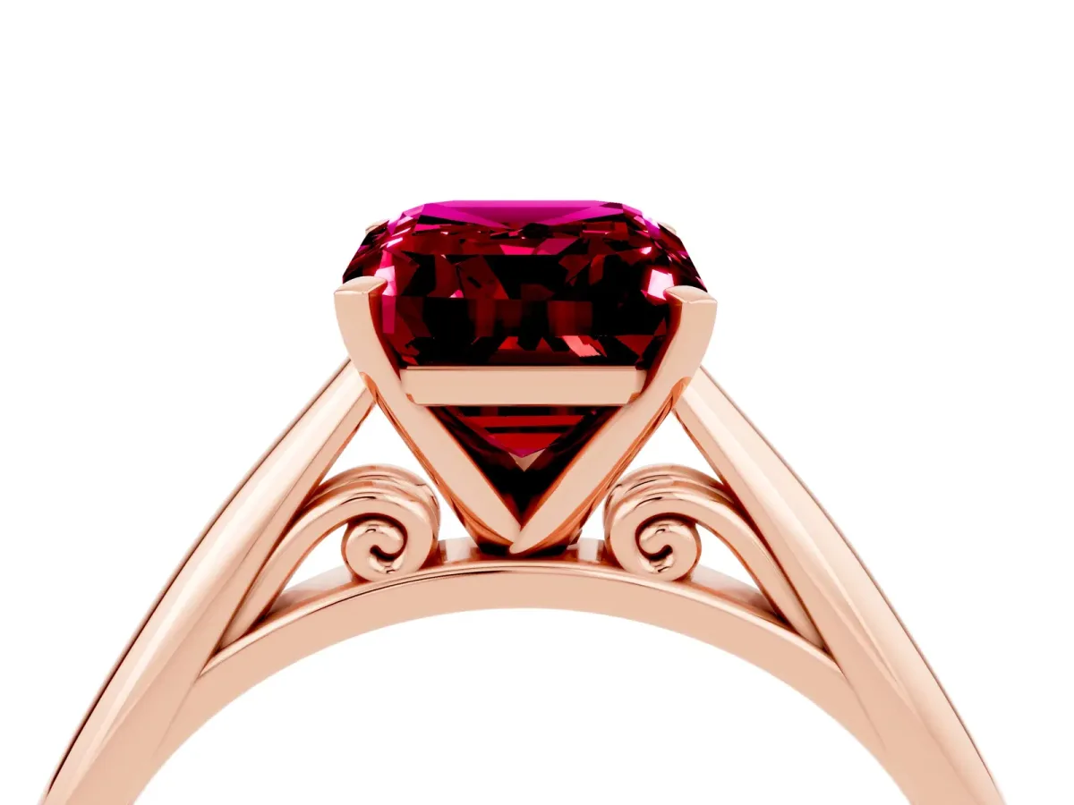 Emerald Cut Garnet Solitaire Engagement Ring with Cathedral Setting and Four-Prong Mount Rose gold