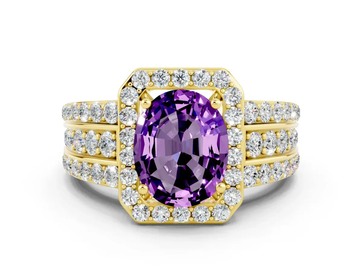 Oval Cut Halo Amethyst Ring with Round Split Shank and Prong Setting Yellow gold