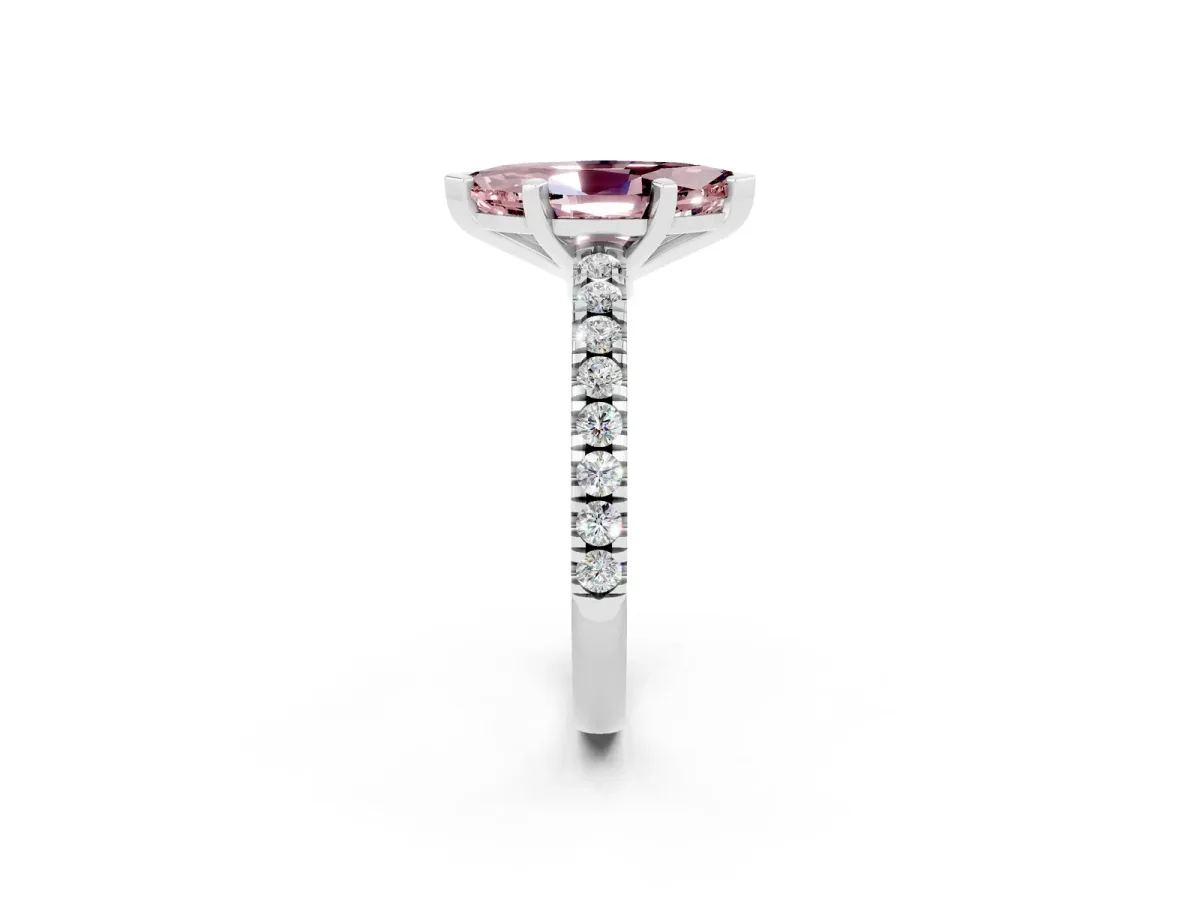 Marquise Cut Solitaire Morganite with Pavé Band and Four-Prong Setting Silver