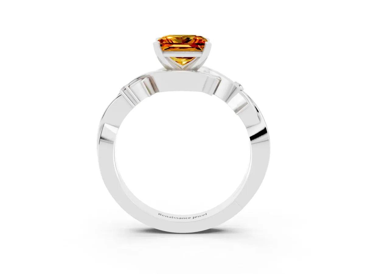 Princess Cut Citrine Solitaire Ring with Twisted Band and Prong Setting Platinum