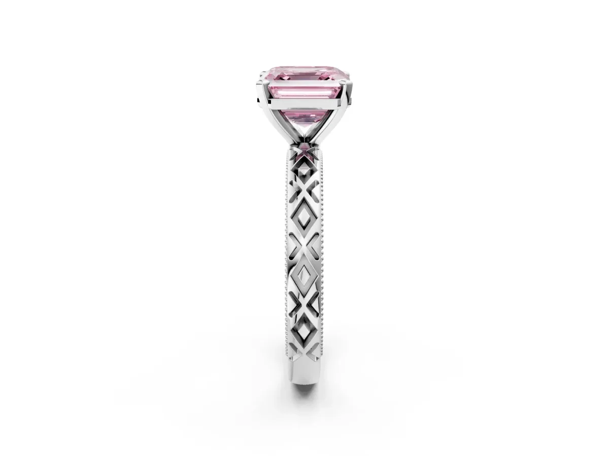 Fancy Pink Asscher Cut Solitaire Diamond Ring with Milgrain and Black Enamel X Pattern Band Platinum