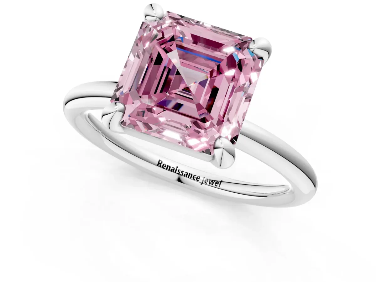 Fancy Pink Asscher Cut Solitaire Diamond Ring with Four-Prong Setting on a Plain Band Platinum