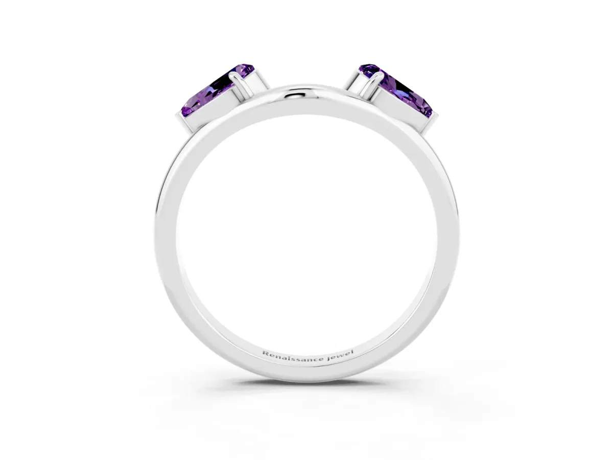 Two-Stone Pear Amethyst Bypass Ring with Prong Setting Silver