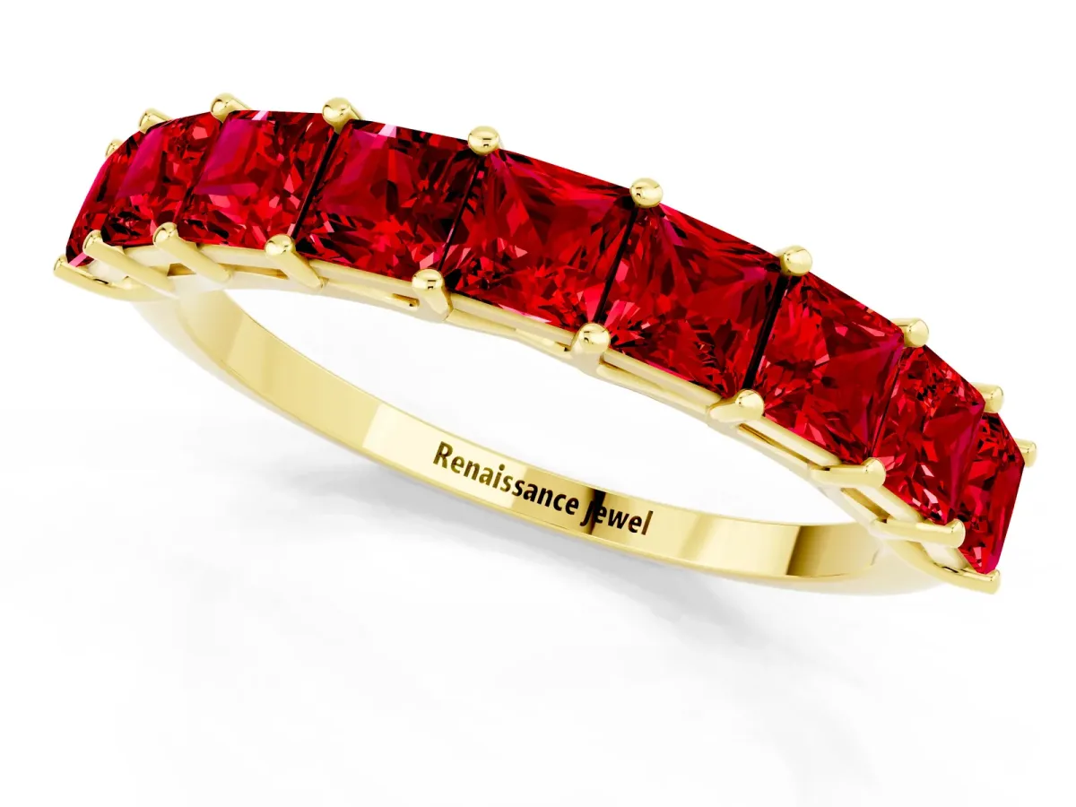 Princess Cut Ruby Channel-Set Eternity Band with Prong Setting Yellow gold