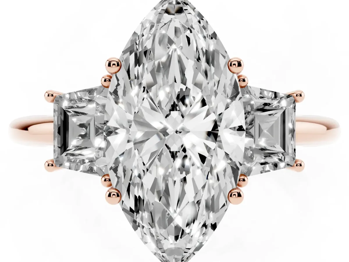 Marquise Cut Diamond Three-Stone Ring with Trapezoid Side Stones and Prong Setting Rose gold