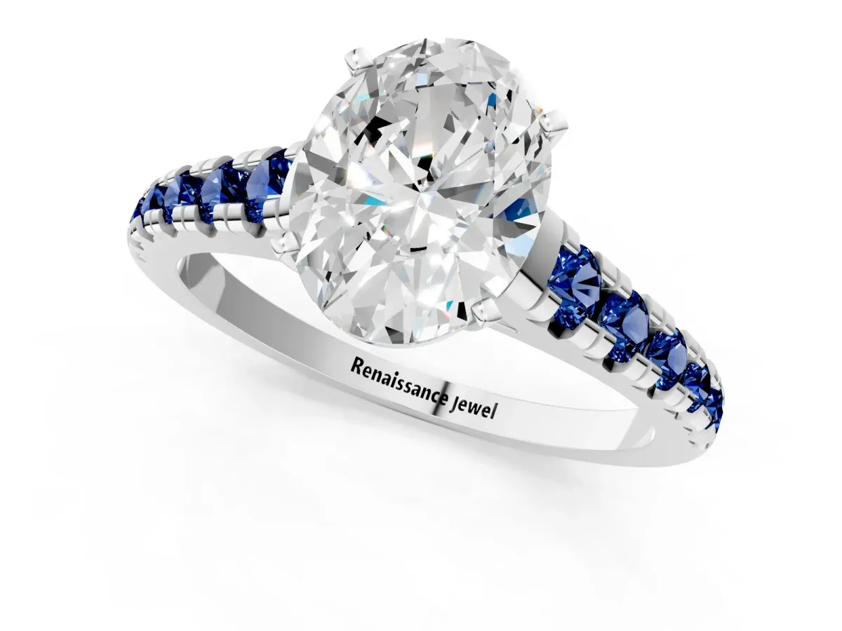 Oval Cut Diamond Cathedral Solitaire Ring with Round Blue Sapphire Pavé Band Silver