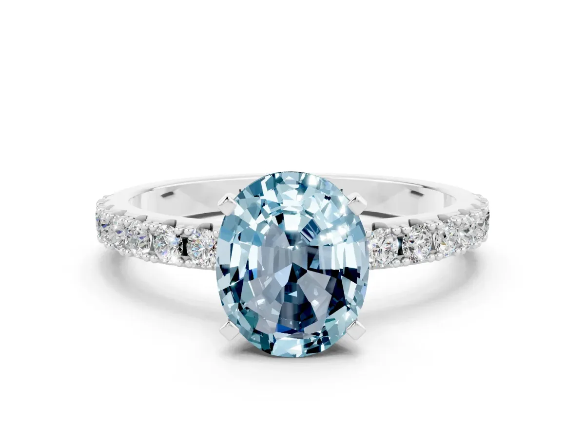 Oval Cut Aquamarine Solitaire Pavé Band with Four-Prong Setting Silver