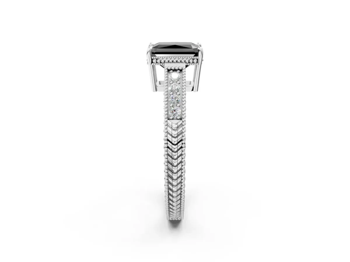 Fancy Black Radiant Cut Cut Diamond Milgrain Pave Band Four-Prong Setting Ring Platinum