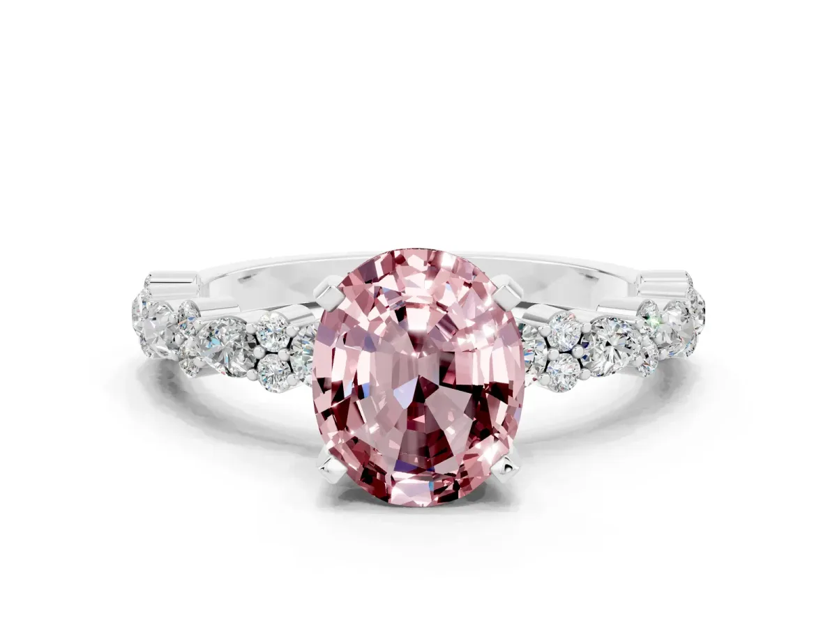Oval Cut Morganite Side Stone Solitaire Ring with Round and Four-Prong Setting Silver