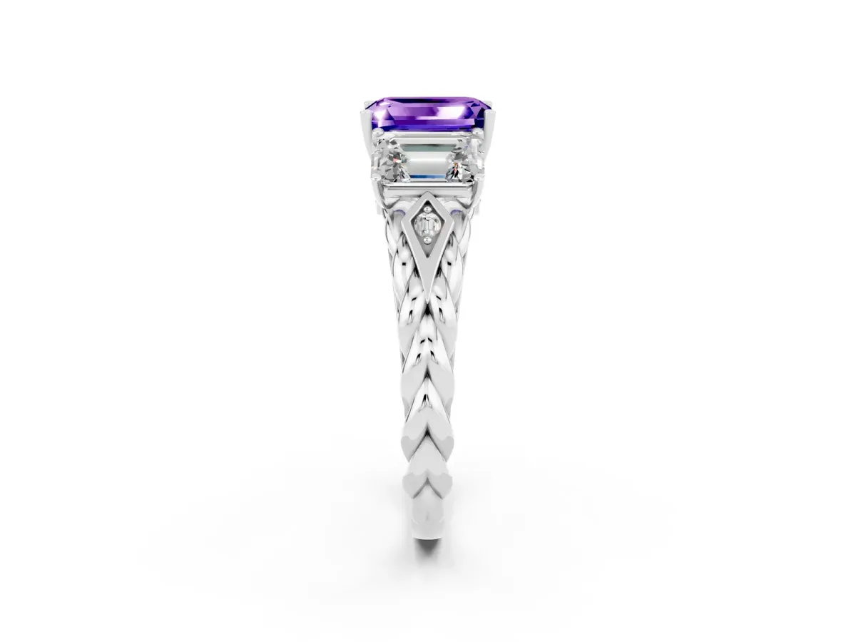 Three-Stone Emerald Cut Tanzanite Braided Band Ring with Four-Prong Setting Platinum