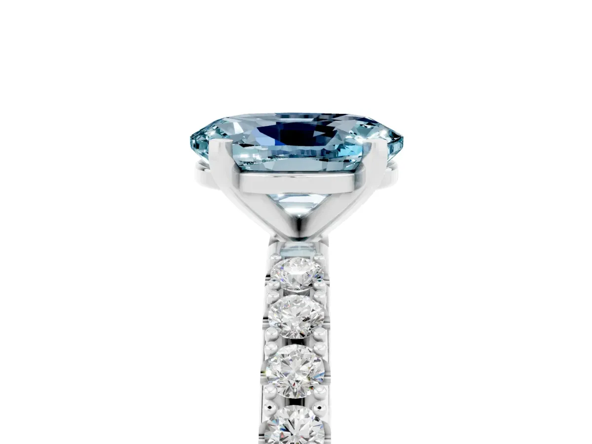 Oval Cut Aquamarine Solitaire Pavé Band with Four-Prong Setting Silver