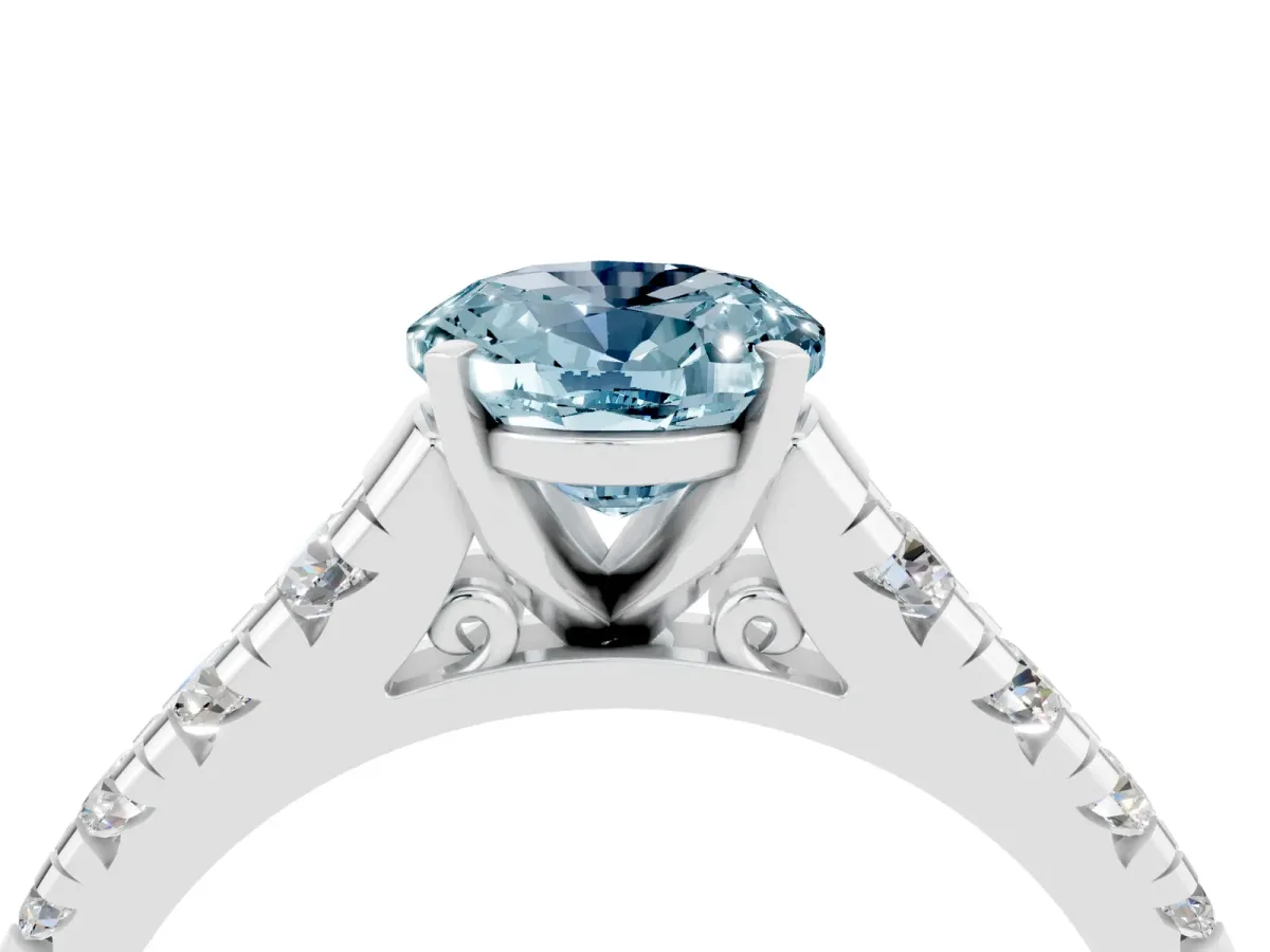 Oval Cut Aquamarine Cathedral Solitaire Ring with Round Pavé Band Silver
