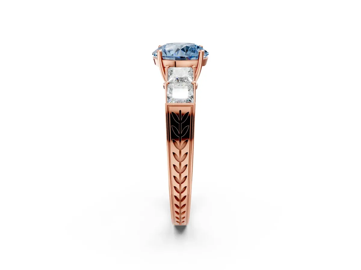 Fancy Blue Round Cut Solitaire Princess Side Stone Engraved Band Prong Setting Ring Rose gold