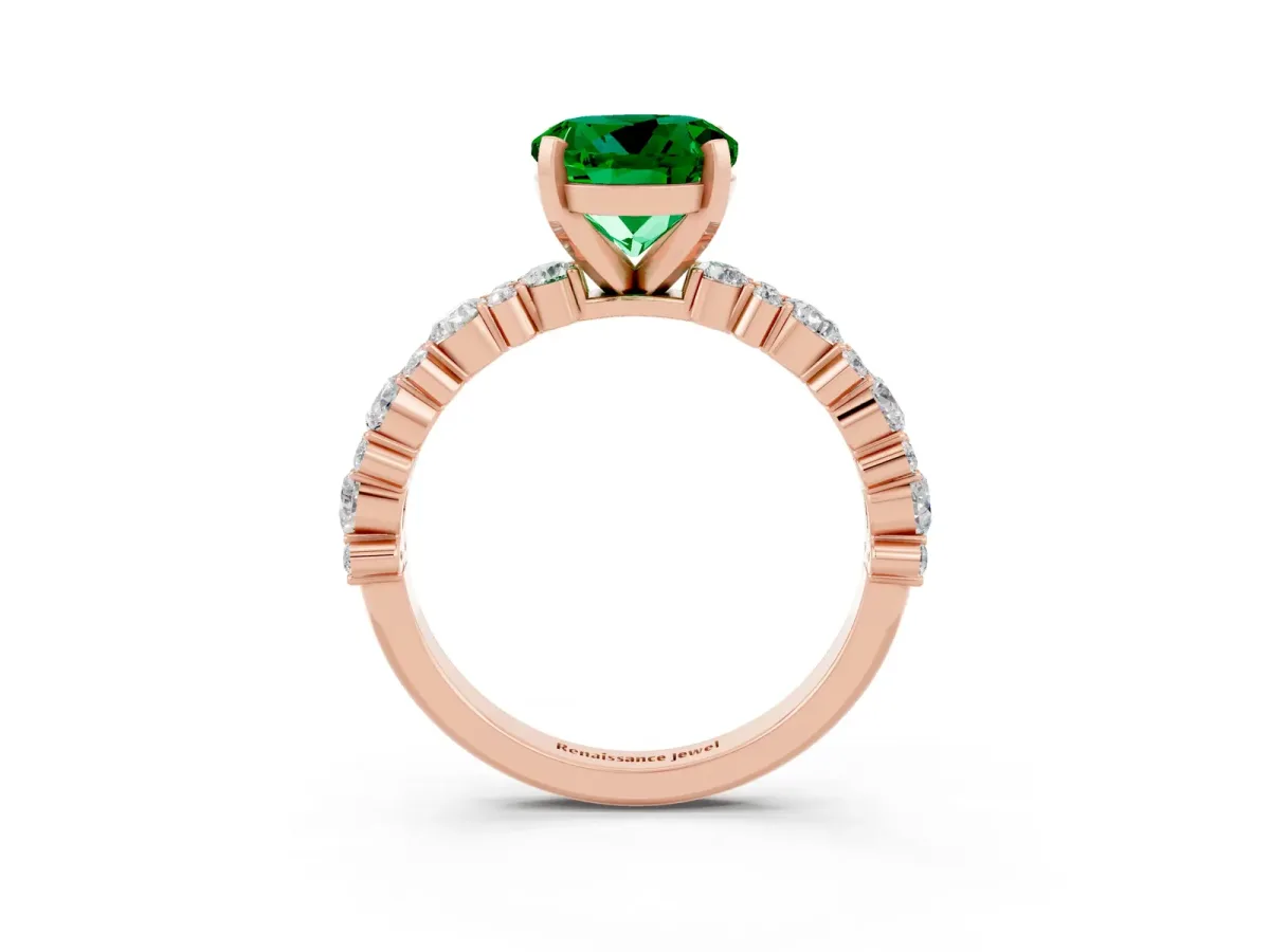 Round Cut Emerald Side Stone Solitaire Ring with Round and Four-Prong Setting Rose gold