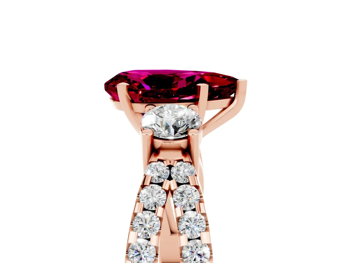Pear Cut Garnet Three-Stone Ring with Pavé Split Shank and Four-Prong Setting Rose gold
