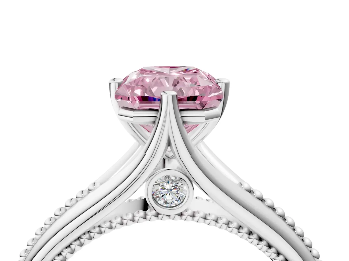 Fancy Pink Radiant Cut Solitaire Beaded Band Six-Prong Setting Platinum