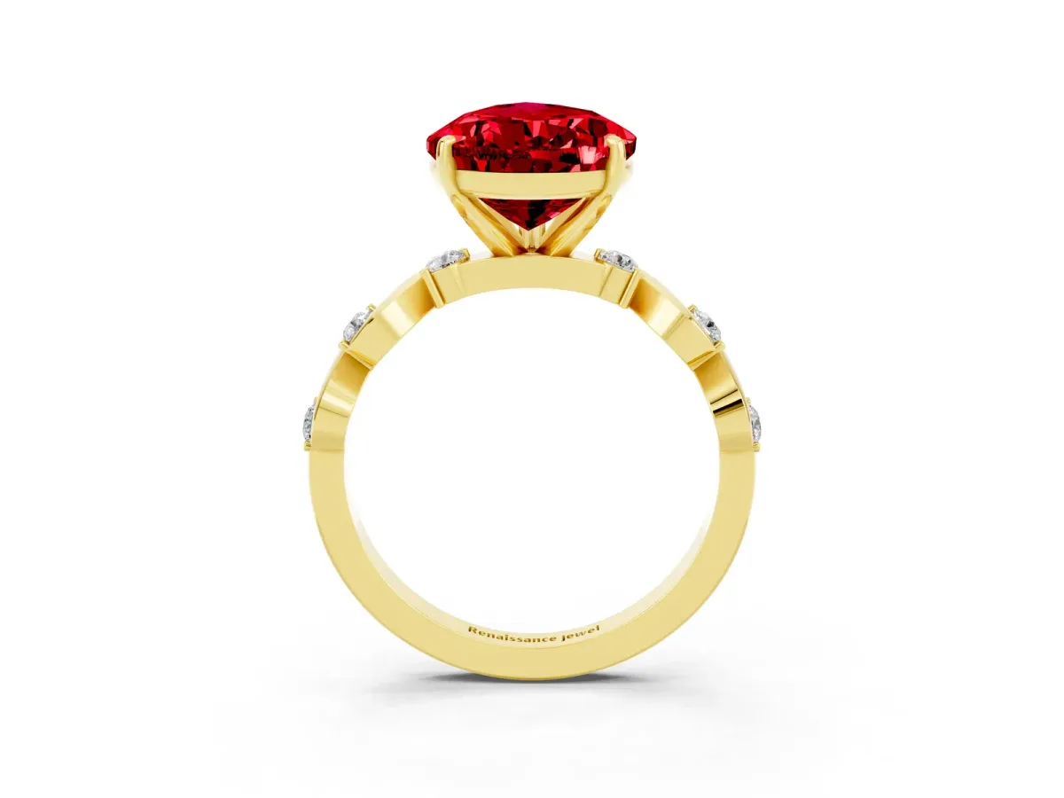 Pear Cut Ruby Solitaire Twisted Band with Round Accents and Prong Setting Yellow gold