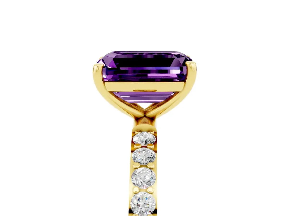 Emerald Cut Amethyst Solitaire Ring with Round Pavé Band and Prong Setting Yellow gold