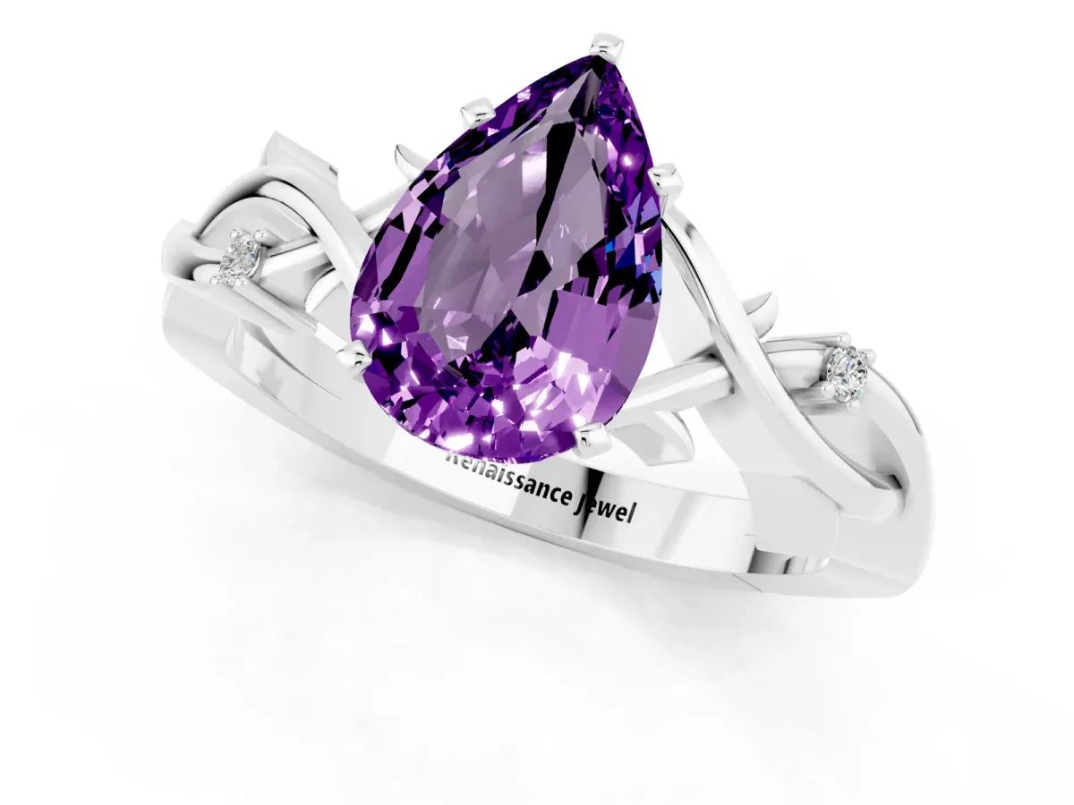 Pear Cut Amethyst Solitaire Ring with Twisted Band and Prong Setting White gold