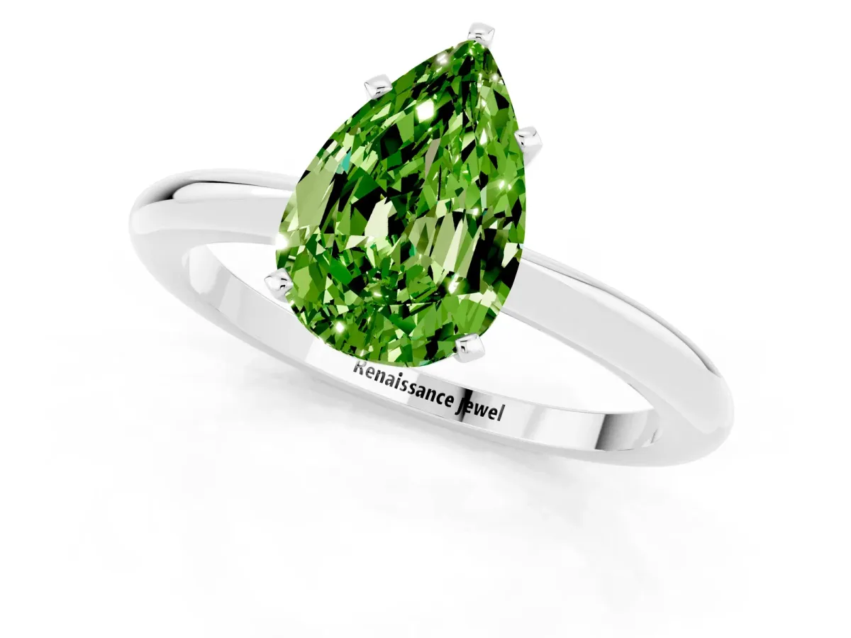 Pear Cut Peridot Solitaire Ring with Six-Prong Setting and Classic Band Silver