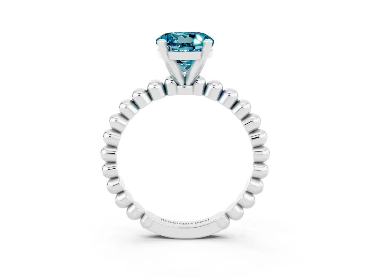 Round Cut Blue Topaz Solitaire Ring with Beaded Band and Prong Setting Silver