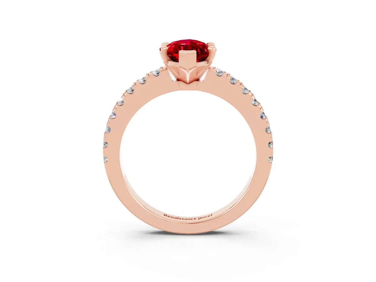 Marquise Cut Solitaire Ruby with Pavé Band and Four-Prong Setting Rose gold