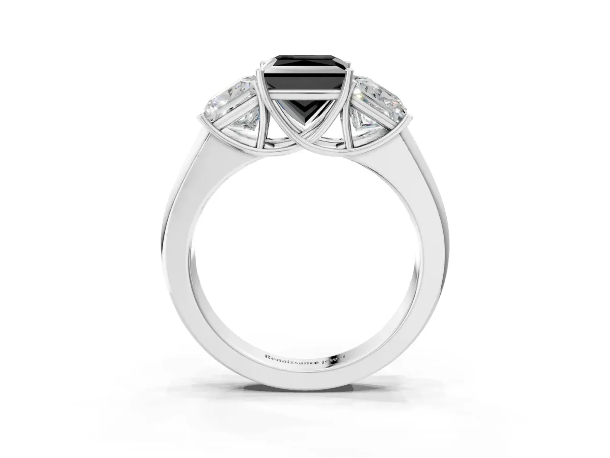 Fancy Black Three-Stone Princess Cut Cut Diamond Ring with Prong Setting and Classic Band White gold