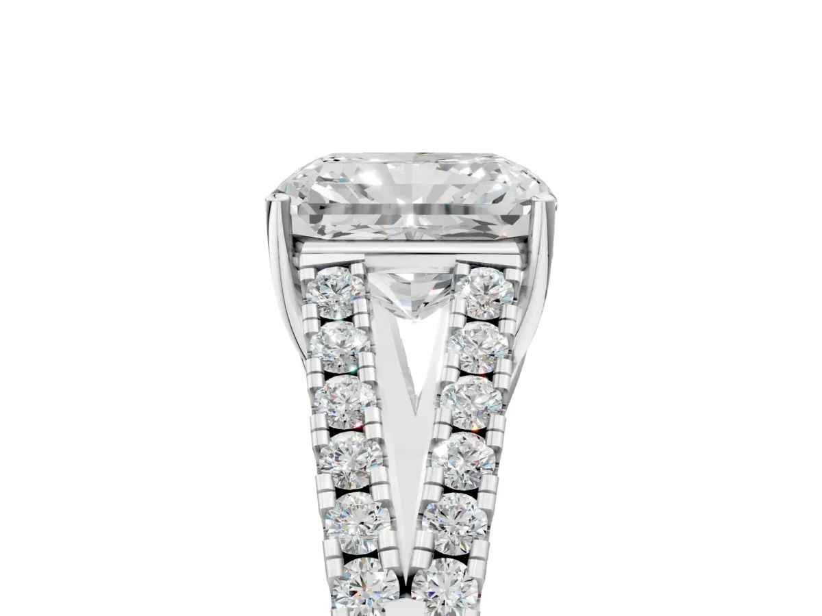 Radiant Cut Diamond Split Shank Pavé Engagement Ring with Four-Prong Setting White gold