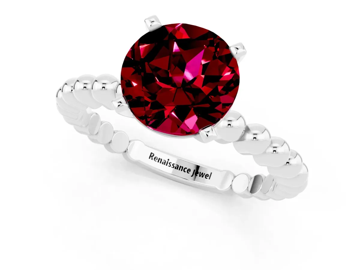 Round Cut Garnet Solitaire Ring with Beaded Band and Prong Setting Platinum