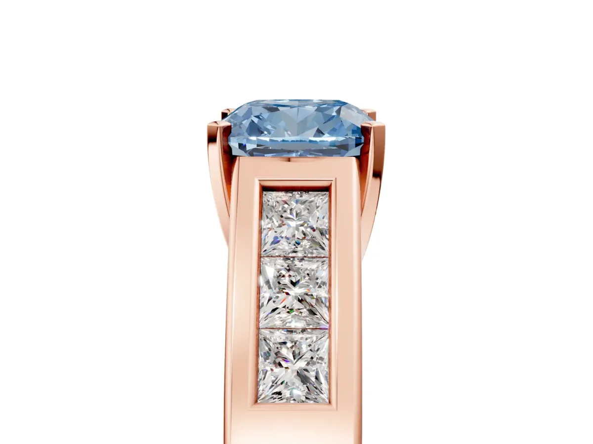 Fancy Blue Cushion Cut Cut Channel Set Solitaire Ring with Four-Prong Setting Rose gold